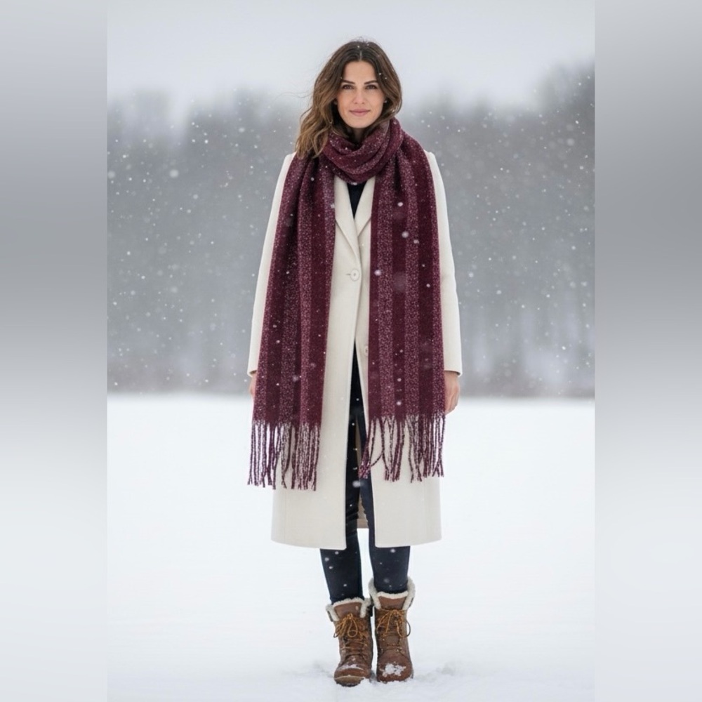 NEW by CHANCE Burgundy Speckled Oversized Blanket Scarf with Fringe OS Accessory